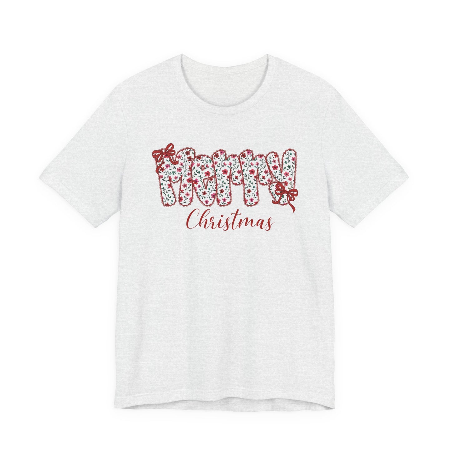 Merry Christmas Floral Letter Tee – Festive Holiday Shirt with Bows