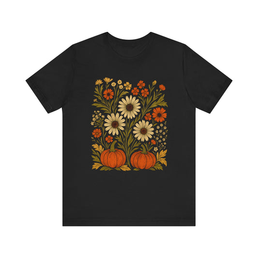 Fall Floral Pumpkin Tee, Autumn T-Shirt, Harvest Celebration Shirt, Thanksgiving Outfit, Nature Lover Gift, Seasonal Apparel