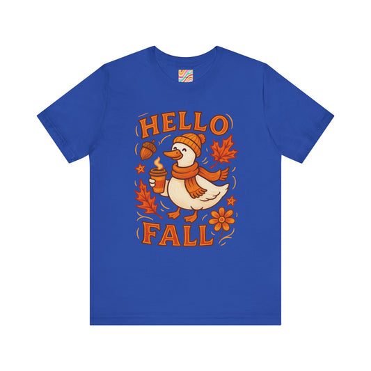 Fall-Themed Unisex T-Shirt, Hello Fall Duck Tee, Autumn Apparel, Seasonal Gift, Cute Casual Wear