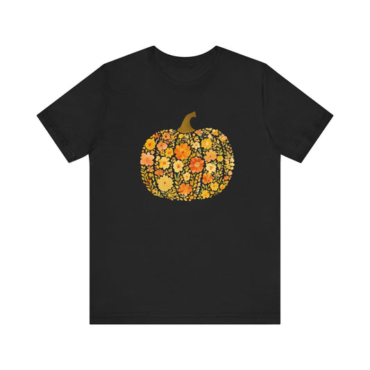 Floral Pumpkin Tee - Fall T-Shirt for Halloween, Thanksgiving, Autumn Fashion