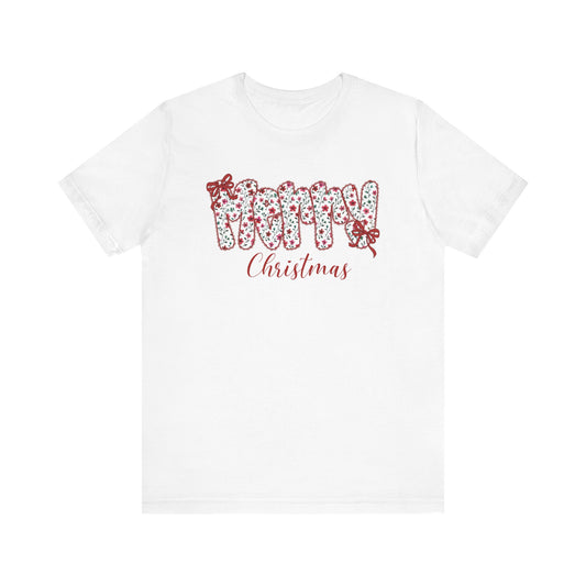 Merry Christmas Floral Letter Tee – Festive Holiday Shirt with Bows